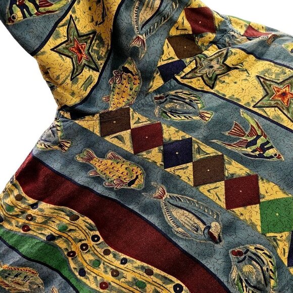 80s-90s Pierre Cardin Hawaiian Shirt Fish Pattern Collared Mens 2XL Blue Multi - Picture 8 of 10